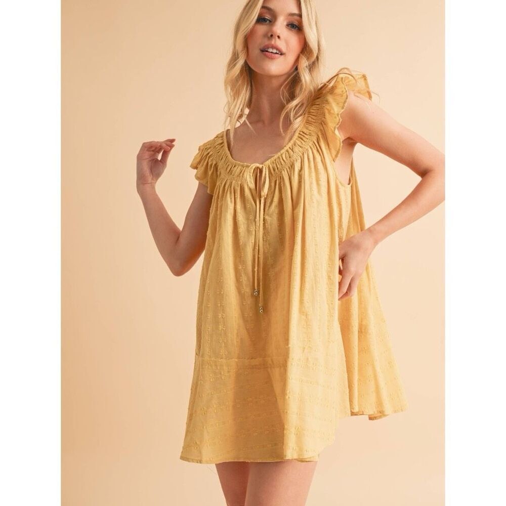 Yellow Tunic Mini Dress Ruffled Cap Sleeve Cotton NWT | Aemi+Co - Picture 4 of 14